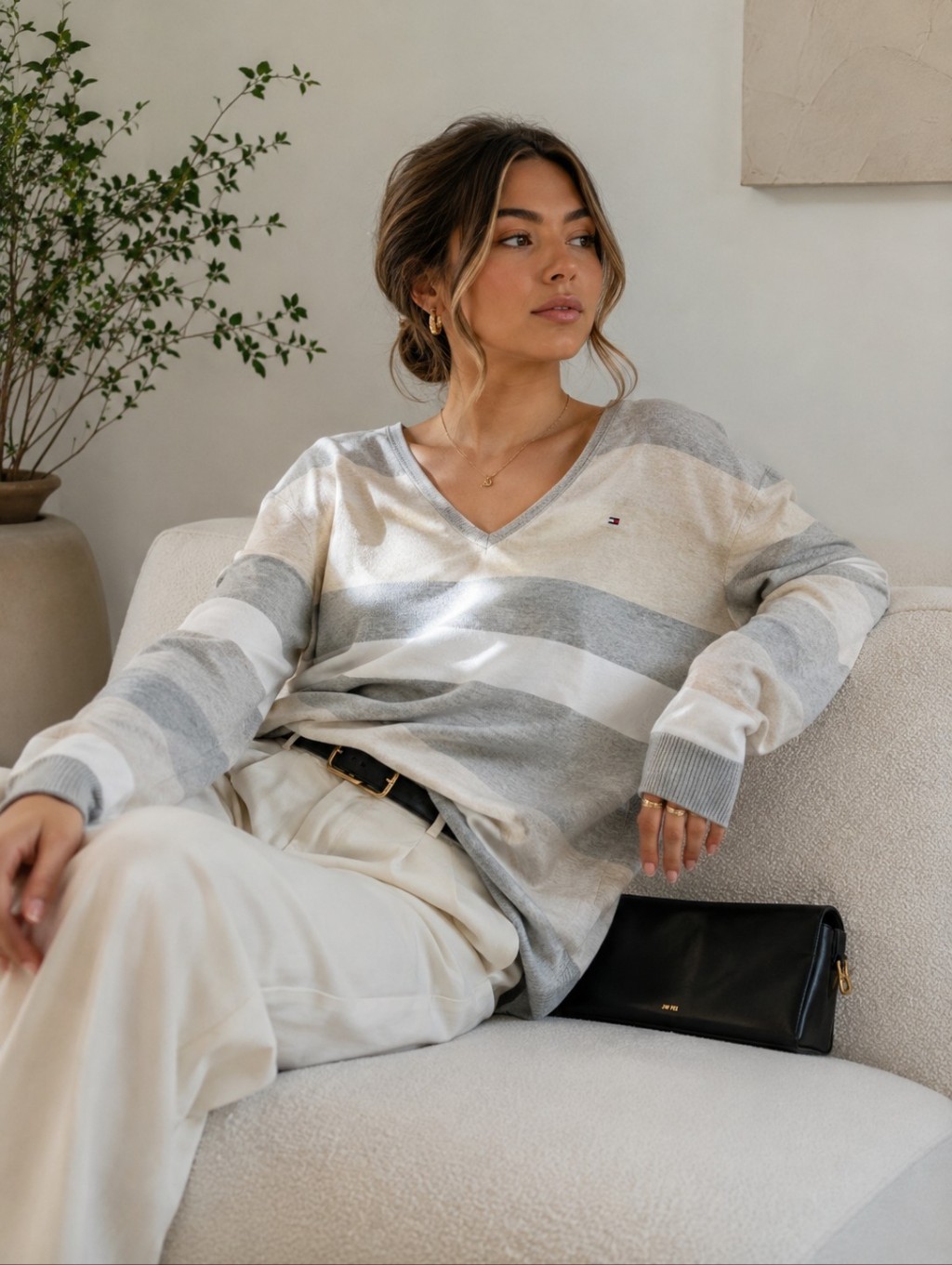 Tommy Hilfiger Xl Lurex Metallic Striped V-Neck Sweater Top Bling Grey White Pr